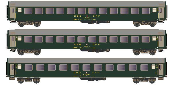 mit Innenbeleuchtung. 3er Set mit altem SBB-Signet Epoche IV. Inhalt: 1x Abteilwagen Bm, 2.Klasse mit 11 Fenstern und 2x Abteilwagen Bm, 2.Klasse mit 12 Fenstern